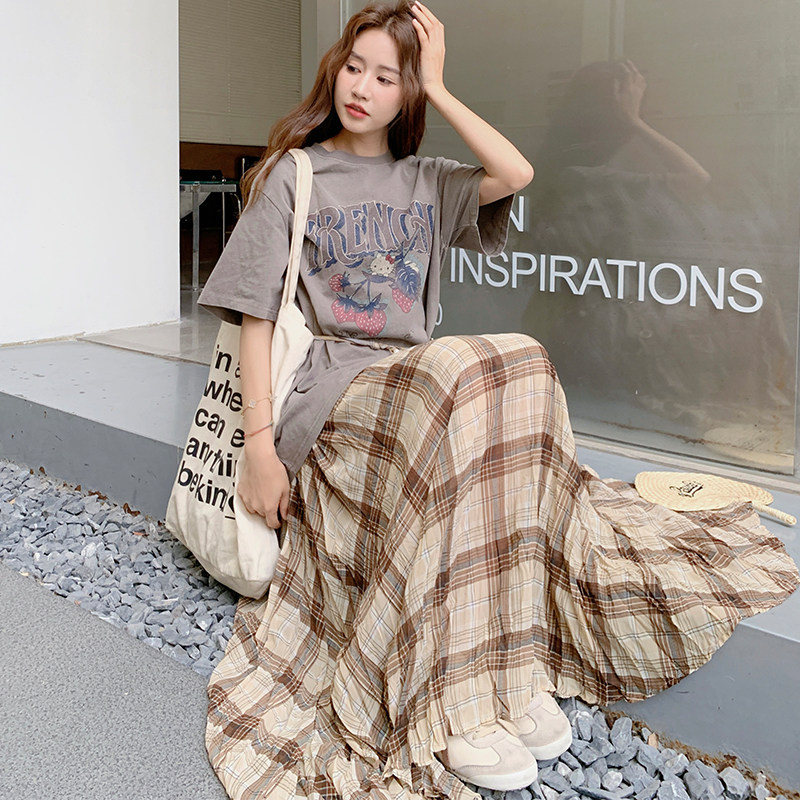 25春夏新品！印花水洗T+格子裙套装X285P155K228,女装套装/套裙,两个王小姐