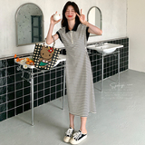 韩版学院风收腰显瘦条纹撞色连衣裙女2025年夏季新款文艺范polo裙，女装连衣裙，两个王小姐