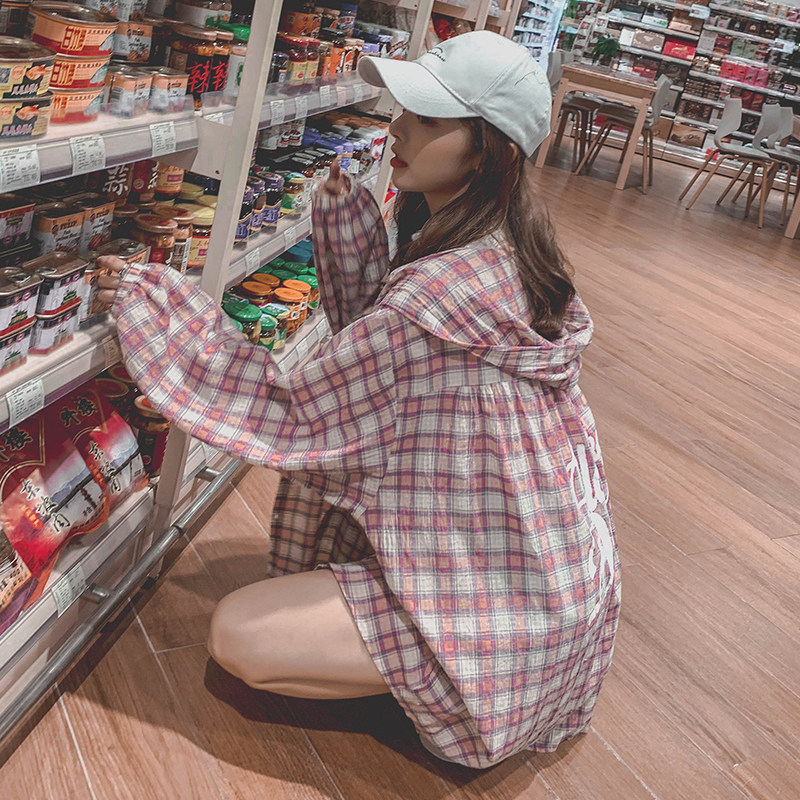 现货！超薄印花格子防晒衬衫两色入X121P70K118，女装衬衫，两个王小姐