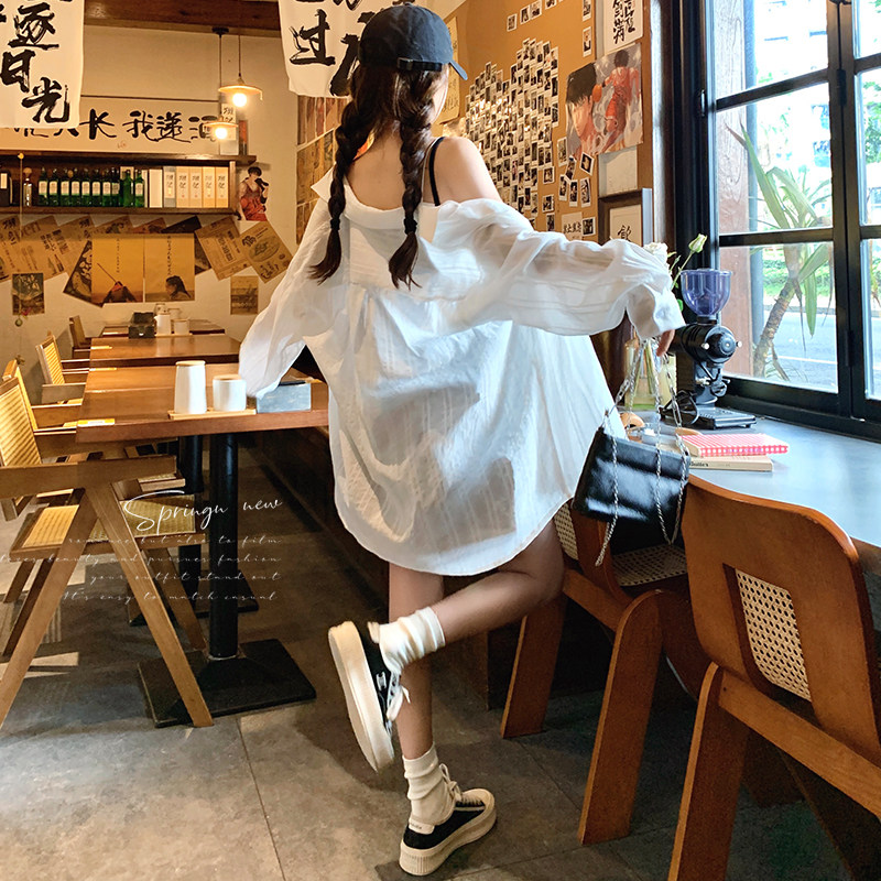 白色时尚简约防晒衬衫女2025夏季新款氛围感宽松轻薄透气长袖上衣,女装衬衫,两个王小姐