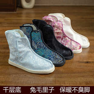 千层底布鞋 靴套筒平跟高帮短靴 秋冬加绒保暖女布靴中国风汉服古装
