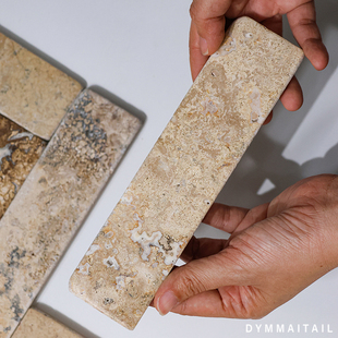 米黄色天然石材莱姆石通体长条砖日式侘寂风玄关门厅餐厅墙砖地砖