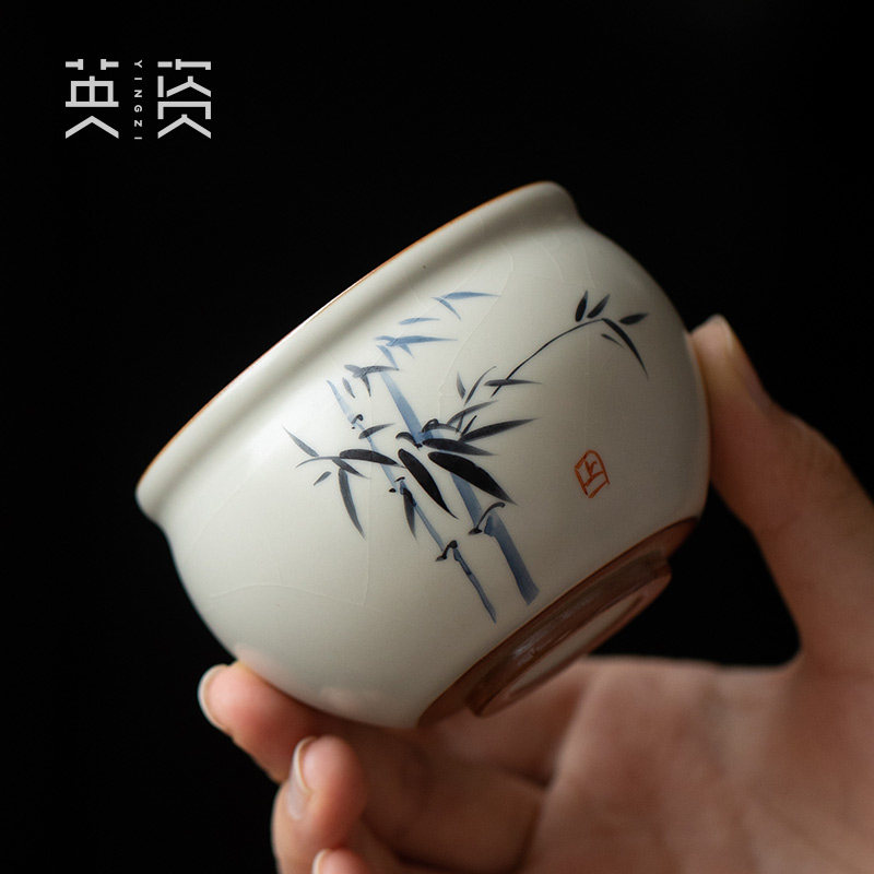 英资 墨竹汝窑大号茶杯 陶瓷主人杯高档个人杯品茗杯单杯功夫茶具
