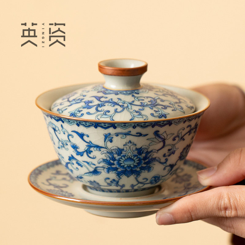汝窑青花三才盖碗茶杯陶瓷功夫茶具泡茶器家用泡茶碗高档茶道喝茶