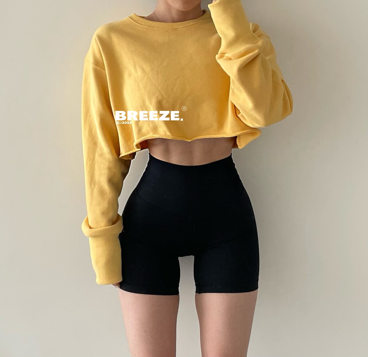 白肉穿搭小铺高腰毛圈露脐运动彩色卫衣纯色短款欧美长袖上衣女