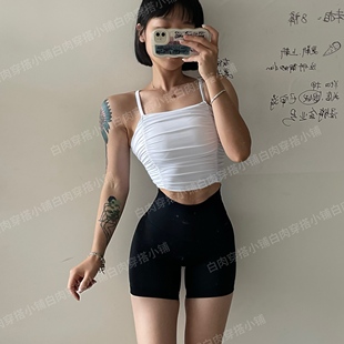 白肉小铺褶子温柔瑜伽女背心细肩带运动背心平口ins显瘦健身上衣