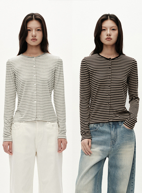 MHV ARCHIVE 羊毛天丝 女士微收腰条纹纽扣亨利衫