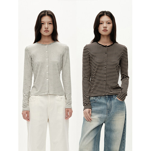 MHV ARCHIVE 羊毛天丝 女士微收腰条纹纽扣亨利衫