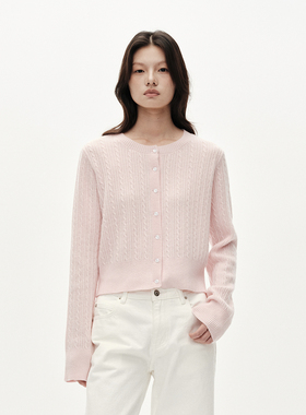 MHV ARCHIVE 100%美利奴羊毛 樱花粉/青柠黄 女士麻花羊羔小开衫