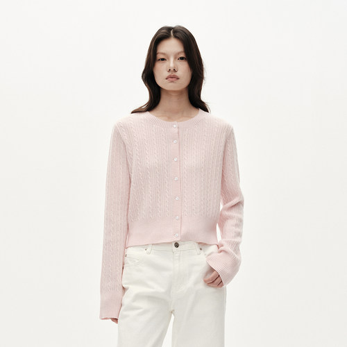 MHV ARCHIVE 100%美利奴羊毛 樱花粉/青柠黄 女士麻花羊羔小开衫