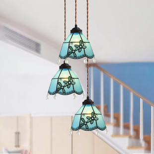 简约素雅清新复式 浪漫蓝色风格 楼梯拐角餐吧多头吊灯 地中海