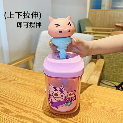 【正版蜡笔小新】高颜值塑料杯大容量搅拌水杯学生儿童吸管杯子女