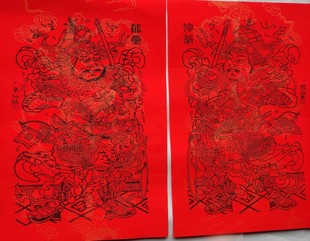 精选龙纹红宣纸|朱仙镇木版年画纯手工红底黑线稿门神