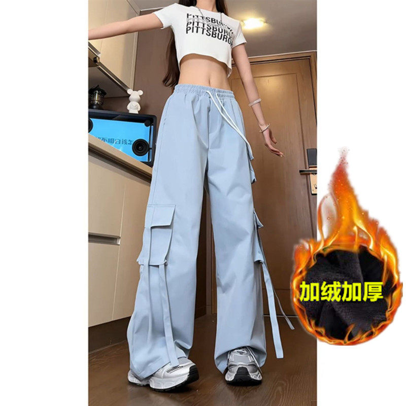 薄/加绒加厚蓝色多口袋工装裤女款美式高街飘带直筒宽松阔腿长裤,女装/女士精品,休闲裤,淘宝优惠券,粉丝福利购,淘宝优惠卷