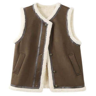 韩系羊羔毛拼接马甲外套女秋冬皮毛一体外穿无袖 坎肩加厚保暖背心