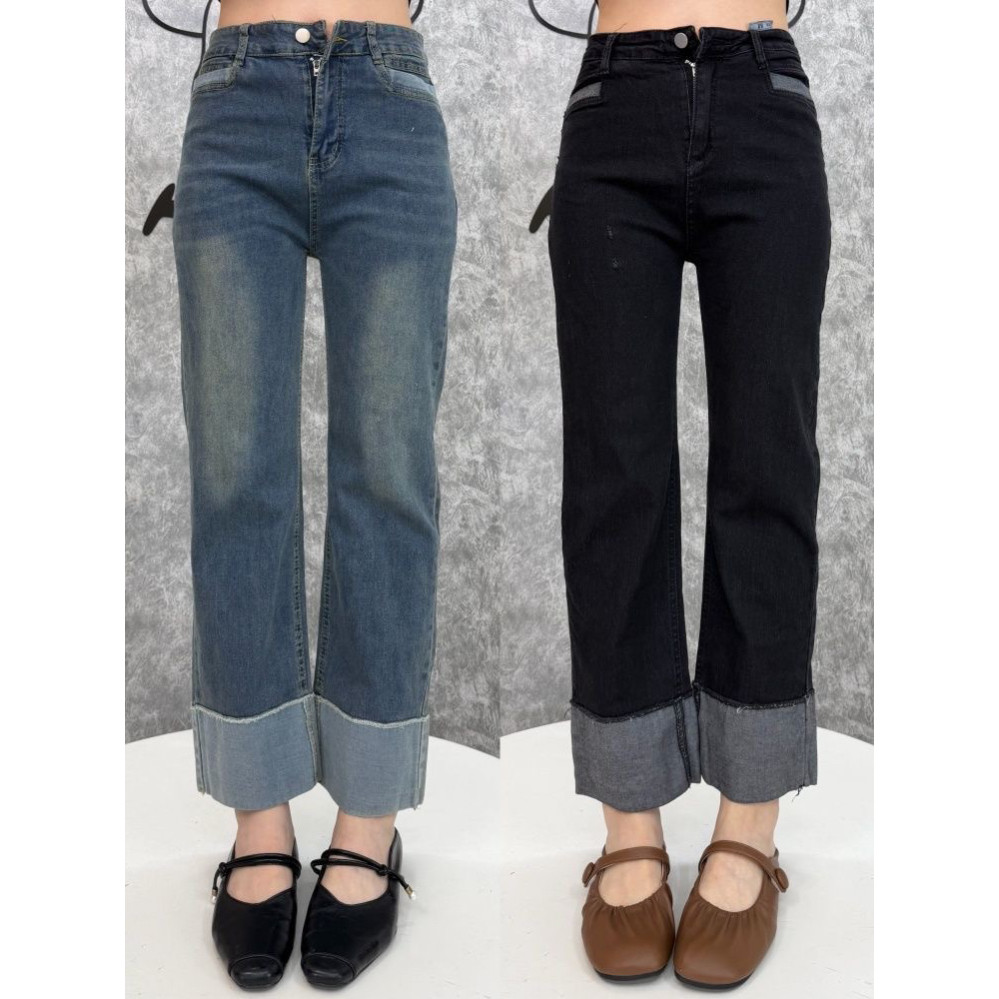 复古蓝高腰直筒牛仔裤女拼接小个子九分阔腿法棍烟管裤2026春季潮