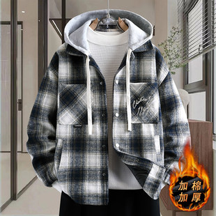 秋冬季格子外套男孩初中高中学生加厚棉服青少年帅气大童冬装夹克