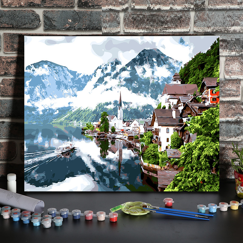 diy数字油画客厅风景涂色水彩成人手绘装饰油彩画雪山阿尔贝斯