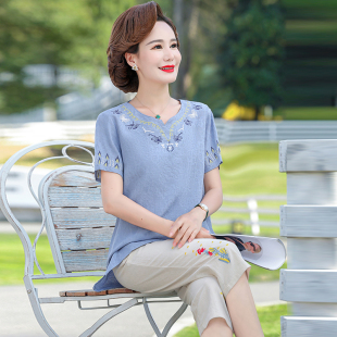中老年女洋气两件套 2025新款 妈妈夏装 棉麻上衣中年女短袖 T恤套装