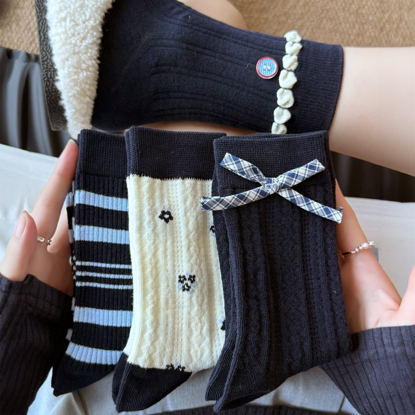 日系袜子女学院风蝴蝶结中筒袜韩系条纹堆堆袜ins潮花边纽扣长袜,女士内衣/男士内衣/家居服,中筒袜,淘宝优惠券,粉丝福利购,淘宝优惠卷