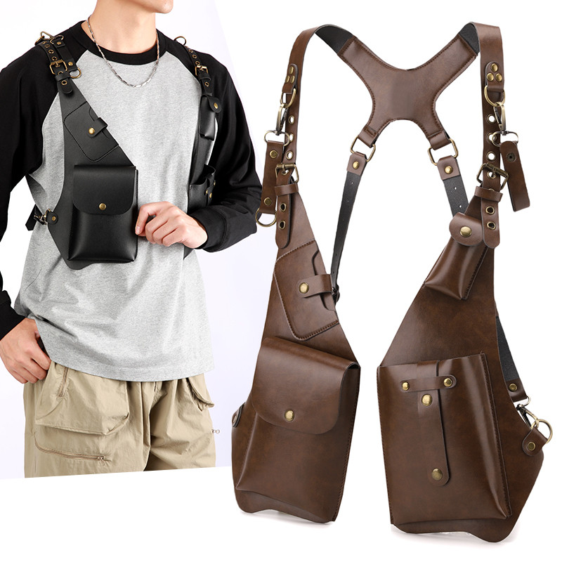 欧美复古皮革背带腋下挎包男士女士户外方包手机包马甲包潮牌机能