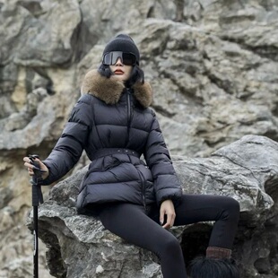 大狐狸毛领中长款羽绒服白鹅绒韩版少女青年滑雪衣公主蓬蓬裙