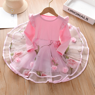 女童连衣裙秋装长袖洋气网红裙子2025新款儿童韩版网纱拼接公主裙