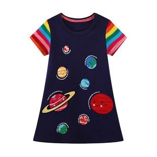 -2025女童彩虹短袖连衣裙夏装女孩彩色刺绣星球印花直筒裙