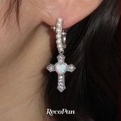 RecoPan少女 祈祷 原创十字架粉色甜美高级感天然欧泊石吊坠耳环