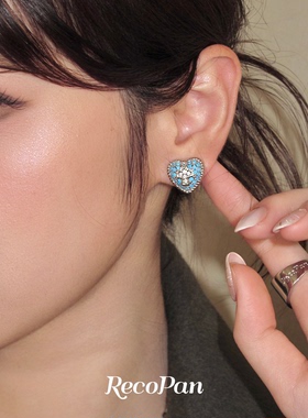RecoPan蓝色伊甸/原创爱心十字架小众设计蓝松石耳钉耳夹磁吸女