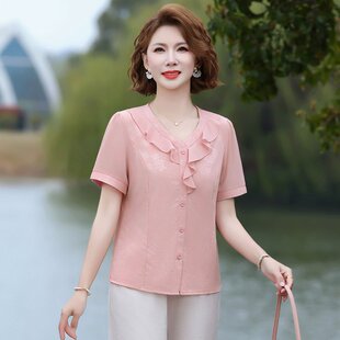 y68中老年洋气妈妈装夏装40衬衫50岁60中年减龄小衫女c03夏季衬衣