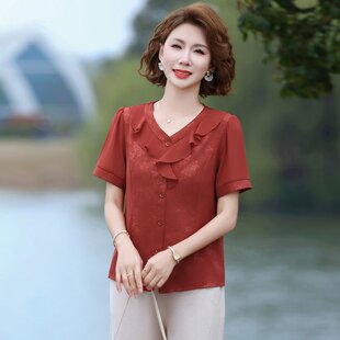 y68中老年洋气妈妈装夏装40衬衫50岁60中年减龄小衫女e01夏季衬衣
