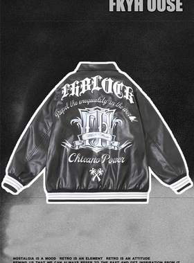 美式西海岸奇卡诺匪帮重工万针刺绣字母油墨印花夹棉皮衣夹克外套