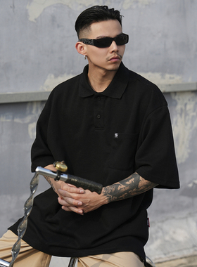 美式西海岸oldschool奇卡诺纯色polo衫嘻哈宽松街头夏季男翻领T恤