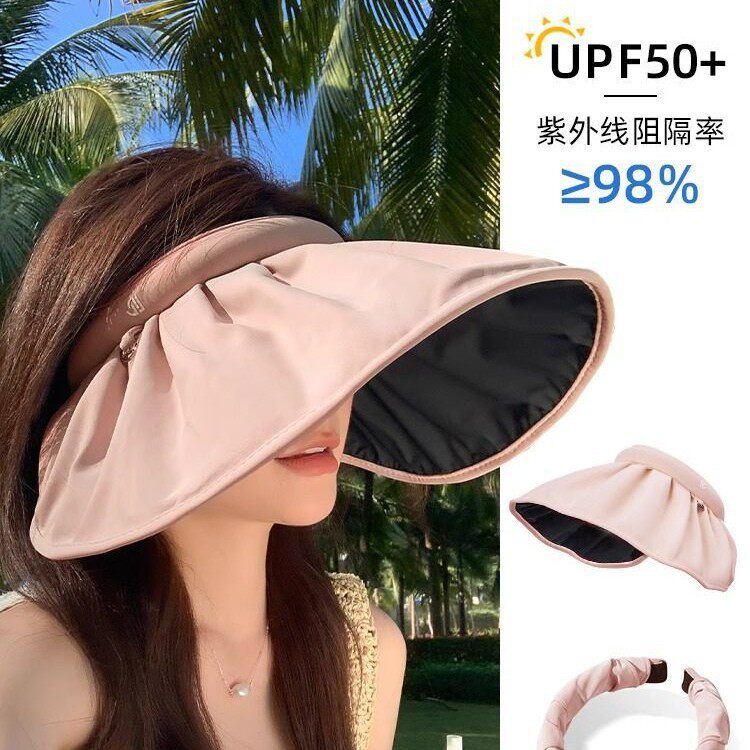 大帽檐黑胶贝壳帽女夏季防紫外线户外空顶防晒帽可折叠发箍遮阳帽