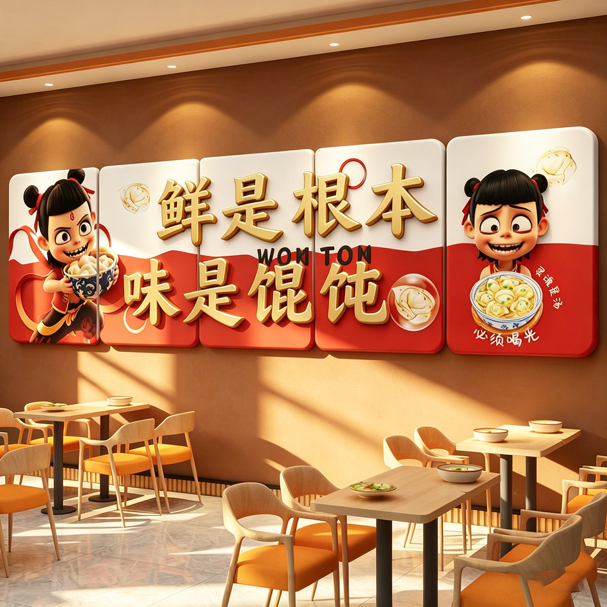 网红馄饨饭店铺内墙面装修饰品手工水饺子馆创意广告贴纸早餐壁画