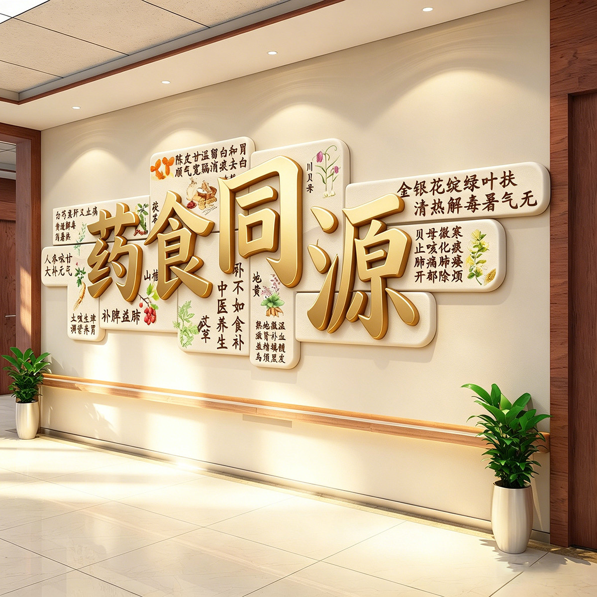 药食同源文化展示墙贴养生馆装饰画中医馆药材展示形象墙氛围布置图片