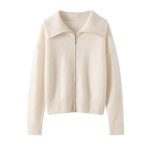 BO6038秋冬小众设计女士羊绒开衫 温柔系穿搭 POLO领拉链宽松外套