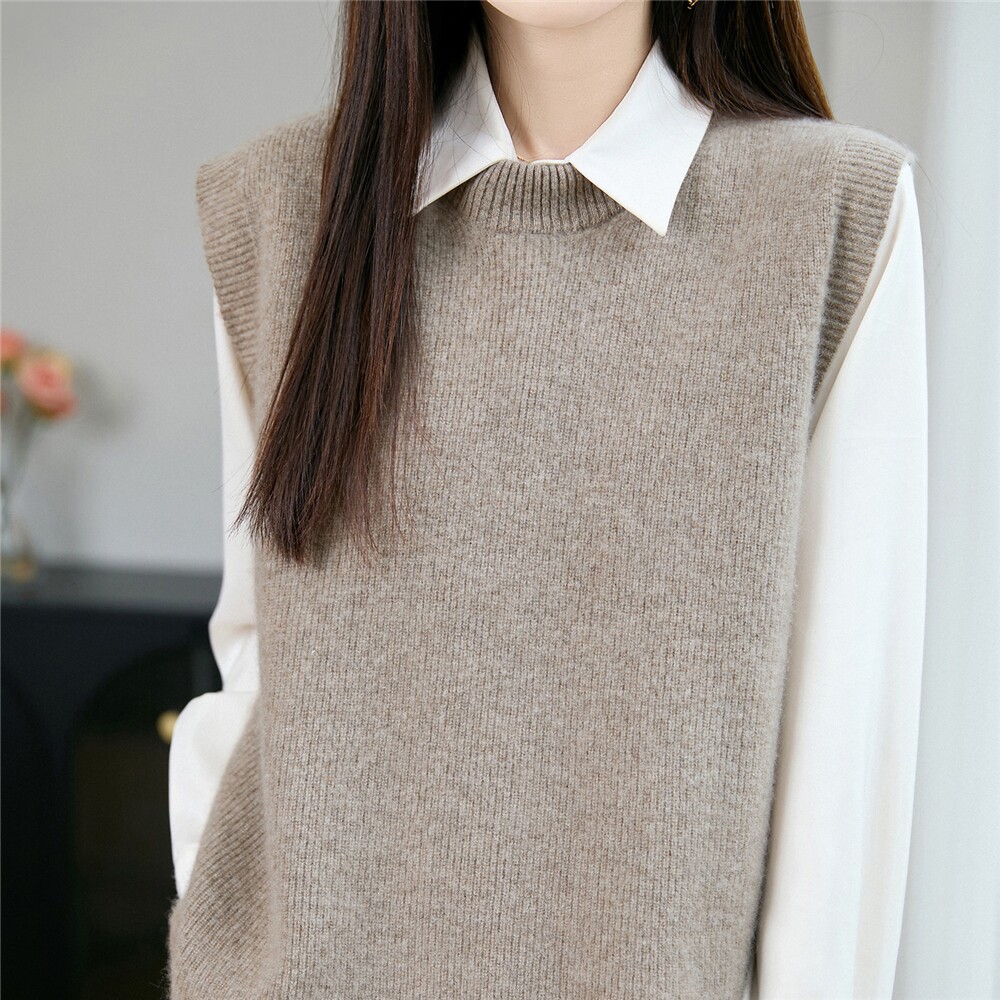 YYY2543女士100%羊毛针织背心女秋冬圆领宽松慵懒风叠穿毛衣马甲