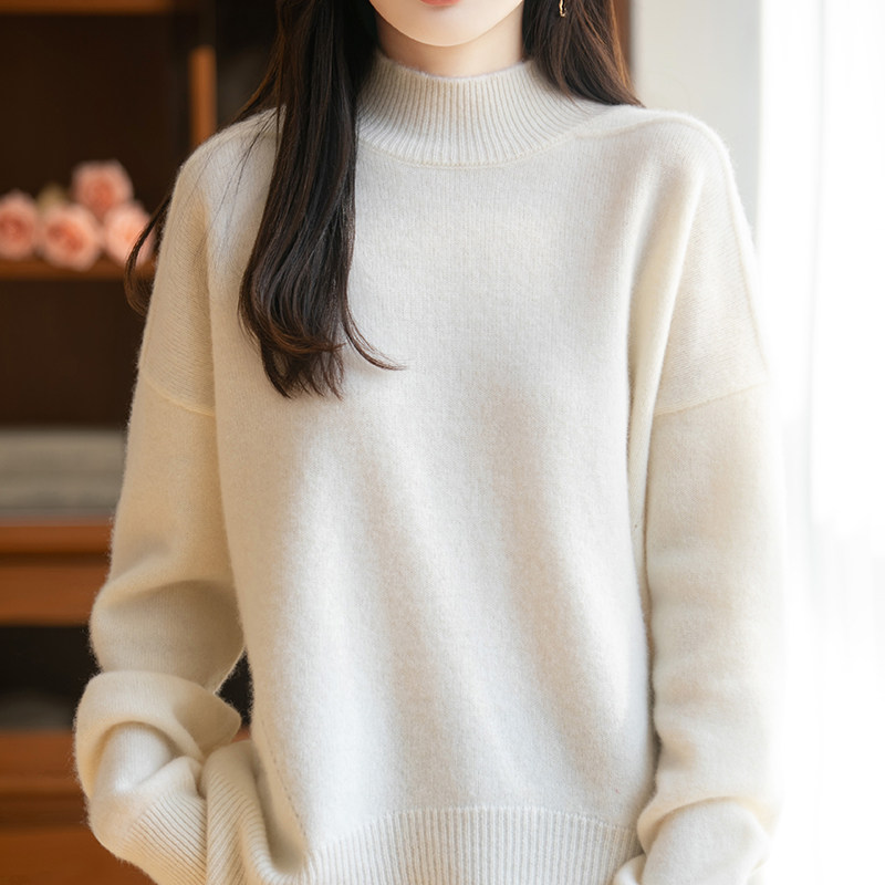 BM25079女士100%羊毛半高领毛衣宽松版型藏肉显瘦秋冬氛围感穿搭
