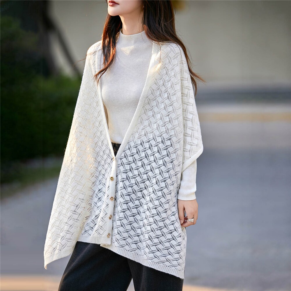 YYY2535女士100%羊毛镂空针织开衫宽松慵懒风V领薄款披肩式外套