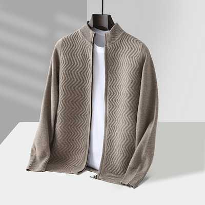 JS2538秋冬男士100%羊毛立领拉链开衫波浪纹针织外套软糯保暖毛衣