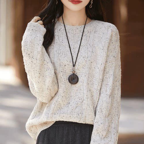 LH-8271秋冬重磅加厚扭花100%羊毛衫女圆领花纱针织宽松慵懒毛衣