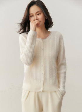 BM58001女士拼色羊绒开衫蕾丝圆领针织上衣  秋冬温柔风通勤外搭