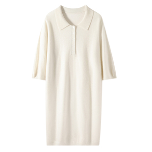 MG830秋冬Polo领羊绒连衣裙女针织裙软糯宽松五分袖中长款直筒裙