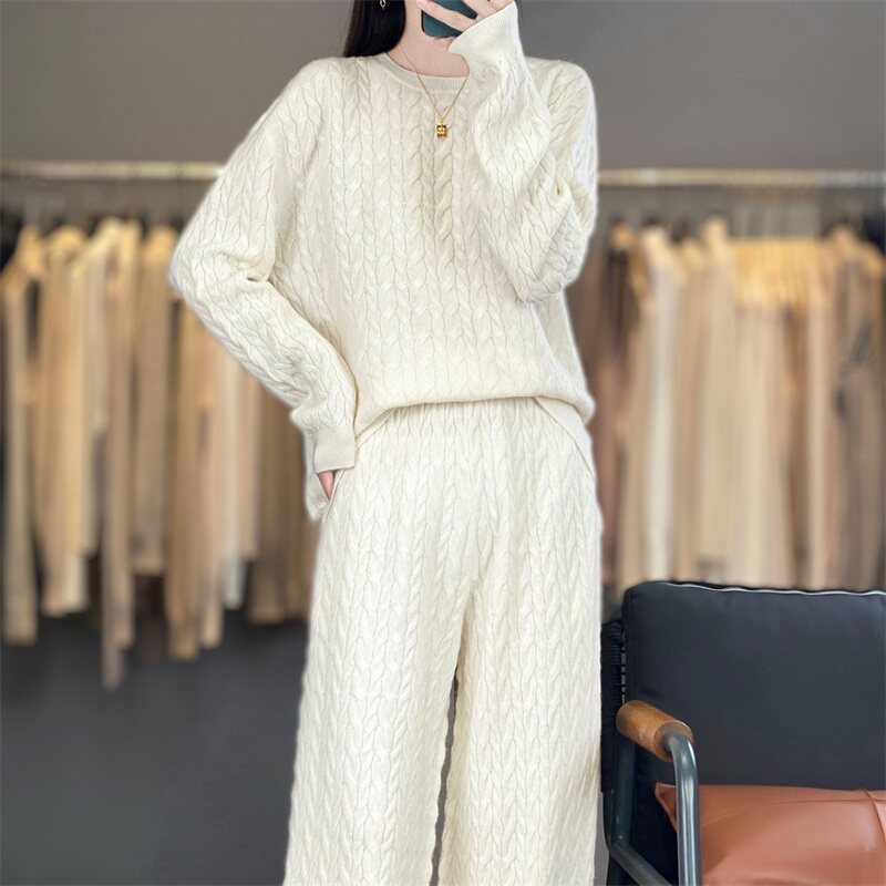 WZ868复古绞花太戳!秋冬女士100%羊毛针织套装 慵懒感休闲两件套