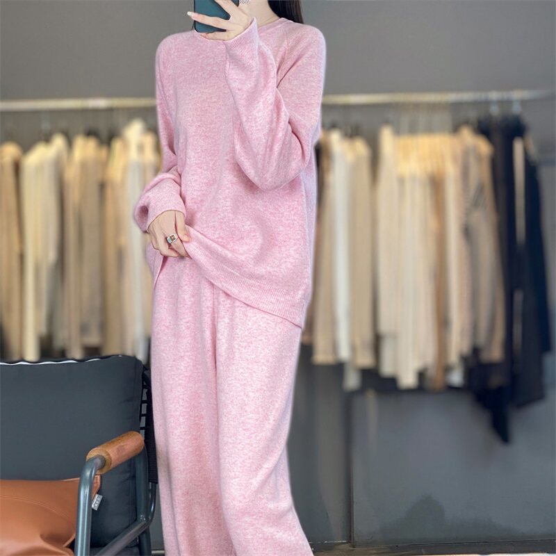 WZ866慵懒甜妹风 女士100%羊毛抽绳针织两件套秋冬舒适与时尚套装