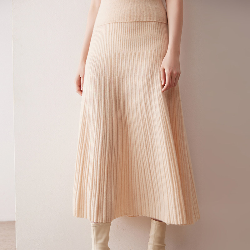 SD8018秋冬坑条羊绒半身裙女高腰针织长裙宽松显瘦垂坠感A字伞裙