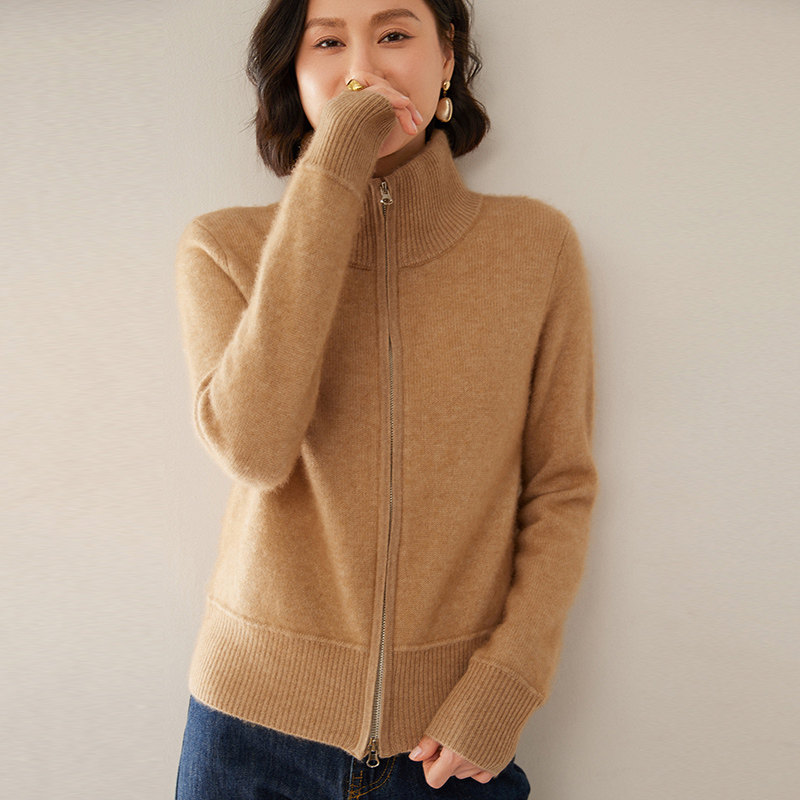 SD890新年红羊绒感拉链开衫女秋冬立领修身针织外套 本命年毛衣