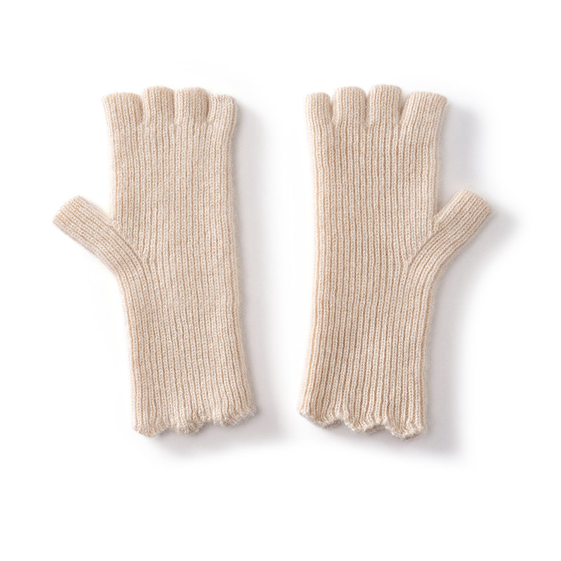MJ629秋冬女士100%山羊绒针织半指竖纹手套办公通勤触屏便捷保暖